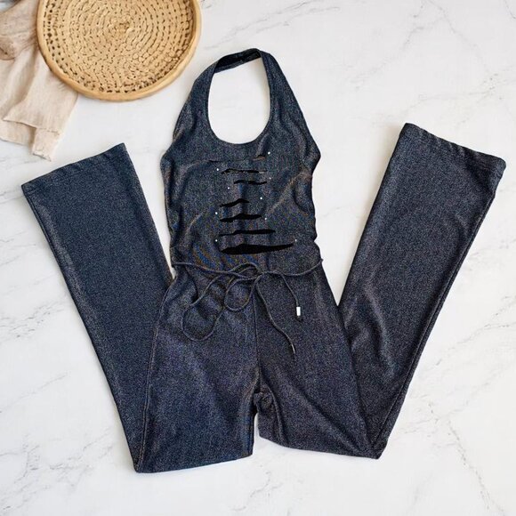 Vintage Pants - Vintage Kitty Y2K 90s Catsuit Playsuit Jumpsuit Wide Leg Size XS Black Silver